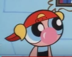 the cartoon character is wearing a red hat and blowing bubblegum gums into her mouth