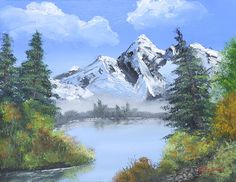 a painting of a mountain lake surrounded by trees