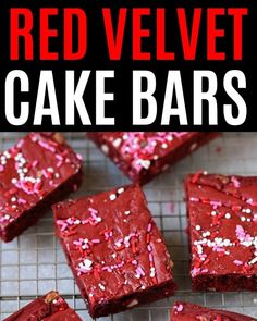 red velvet cake bars with sprinkles on a cooling rack and text overlay that reads, red velvet cake bars