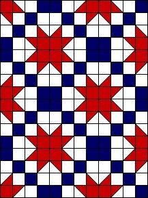 a red, white and blue quilt with stars on the center is featured in this image