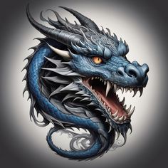 a blue dragon with large horns and sharp fangs on it's head is shown