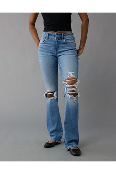 Next Level Stretch/Our softest, stretchiest, never-loses-its-shape denim/Won't bag out. Ever./Medium wash/Ripped Bootcut Jean, Next Level, Bootcut Jeans, Low Rise, Women's Jeans, American Eagle Outfitters, American Eagle, Women Jeans, Wardrobe