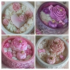 four different pictures of pink and white flowers in a bowl with hearts on the top