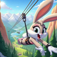 a cartoon bunny is flying through the air on a zip line with ski lift in the background