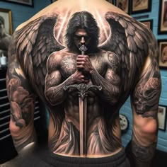 Angel Wings Tattoo On Back, Angel Back Tattoo, Bull Tattoos, Men Tattoos Arm Sleeve, Tattoo Henna, Full Back Tattoos, Angel Tattoo Designs, Back Tattoos For Guys, Japanese Sleeve Tattoos