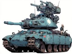 a drawing of a tank with people on top and tanks attached to the back of it