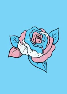 a drawing of a blue rose with pink and white petals on a light blue background