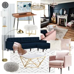 a living room with blue couches, pink chairs and gold accents on the walls