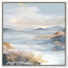 an abstract painting with gold and blue colors on the water, mountains in the background