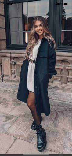 Sweater Dress With Combat Boots Outfit, Dr Martens Dress Outfits Winter, Fall Outfit Dr Martens, Dr Marten With Dress, Gucci Belt Dress Outfit, Gucci Belt Styling, Sweater Dress And Combat Boots, Dresses And Combat Boots Outfit, Combat Boots And Tights Outfit