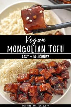 a plate with meat and rice on it that says vegan, mongotian tofu