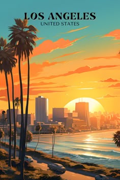 a painting of the sun setting over los angeles, california with palm trees and buildings in the background