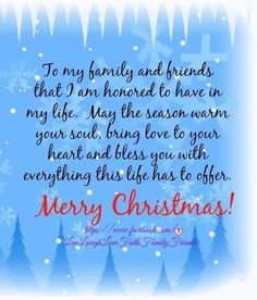 merry christmas card with trees and snowflakes on the blue background, in red lettering