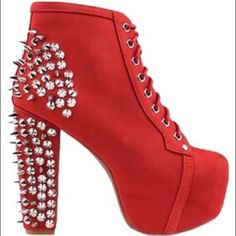 Jeffrey Campbell Red "Lita Spike" Platform Lace-Up Ankle Boots With Silver Studs (Hidden/Covered Platform, Chunky Heel) Size Marked: Us 5 - Runs Large, Best Fits Us 5.5 Or Even A Narrow 6 New In Box Jeffrey Campbell Lita, Jeffrey Campbell Boots, High Heels Outfit, Christian Louboutin Boots, Spike Shoes, Studded Ankle Boots, Platform Heels Boots, Seeing Red, Red High Heels