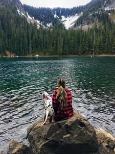 a woman sitting on top of a rock next to a lake with a dalmatian