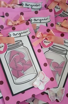 valentine's day cards with hearts in a jar and butterflies on pink paper, surrounded by polka dots