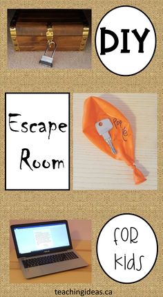 there are four different pictures with words on them that say diy, escape room, pop kids