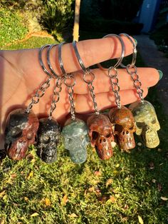 a hand holding five different colored skulls in it's palm, with one being held by the other