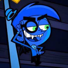 an animated cartoon character with green eyes and blue hair, holding a light pole in his hand