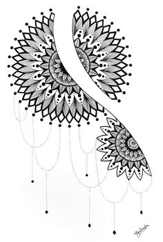 a black and white drawing of a bird with intricate designs on it's wings