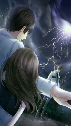 two anime characters standing in front of a lightning storm with their backs to each other