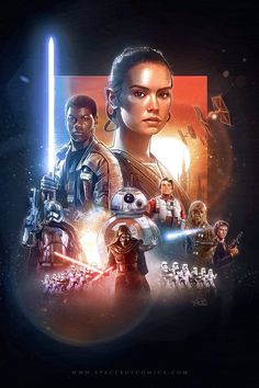 star wars the force awake movie poster with characters and lightsabens on it's sides