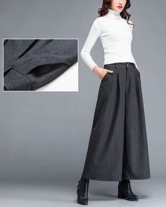 * A wide leg pants for winter, made of quality wool blends. * Two pockets, they are big enough for your hands. * Material: 50% wool, 50% polyester; lining-100% polyester * Washing instructions: Dry Clean Only * Let us know your usual size in your country and your overall height. * Can custom make waist size and length. * Size: True to US size, US 0-US 20 are available, you can let us know your usual size and height in your order. * Shipping: Free shipping Processing time : 5-7 Business days Deli Wide Leg Wool Dress Pants For Fall, Wool Dress Pants With Pockets For Fall, Elegant Gray Wide Leg Pants For Fall, Fall Wool Ankle-length Pants, Full Length Wool Bottoms For Fall, Fall Wool Wide Leg Pants, Fitted Wide Leg Pants For Winter, Winter Fitted Ankle-length Wide Leg Pants, Wide Leg Wool Bottoms For Fall