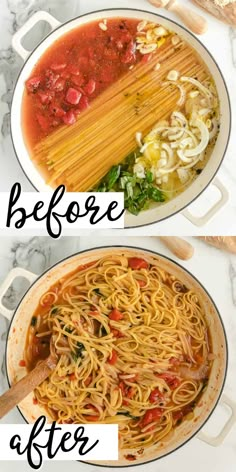 before and after photos of pasta in a pan