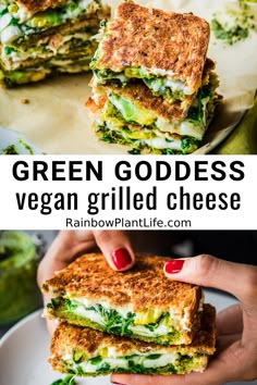 two images showing the different types of green goddess veggie grilled cheese sandwiches