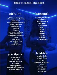 the back to school checklist for girls is shown in black and white, with blue lighting