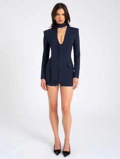 Tahlia Deep V Pinstripes Navy Blue Blazer Dress with scarf collar Blue Blazer Dress, Dress With Scarf, Satin Corset Dress, Classic Tailoring, Blazer Mini Dress, Jumpsuit And Blazer, Pinstripe Dress, Navy Blue Blazer, Satin Gown