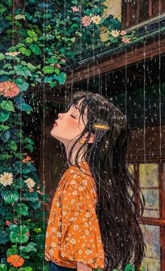 a painting of a girl standing under an umbrella in the rain with her eyes closed