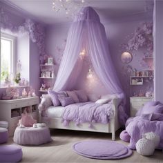 a bedroom decorated in purple and white