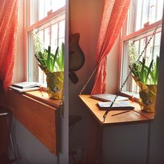 two pictures of a desk with a guitar and potted plant on it in front of a window