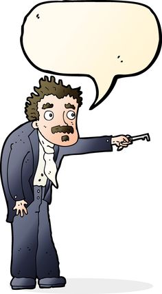 a cartoon man pointing with speech bubble