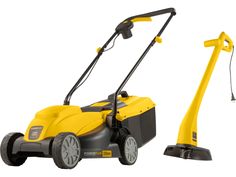 a yellow and black lawn mower sitting next to a power washer on a white background