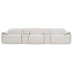 a white leather couch with four reclinings on the back and one arm extended