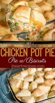 chicken pot pie in a casserole dish with text overlay