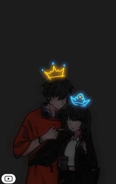 two people standing next to each other with neon lights on their head and one person wearing a crown