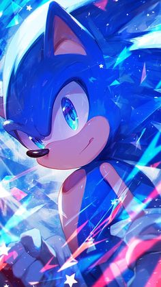 sonic the hedgehog with stars and sparkles on his face, in front of a blue background