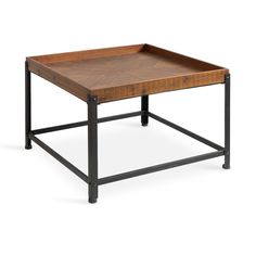 a wooden table with metal legs and a square tray on the top that is open