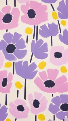 an abstract painting of pink, purple and yellow flowers on a white background with black dots