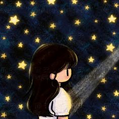 a drawing of a girl looking up at the stars in the night sky with a light shining on her head