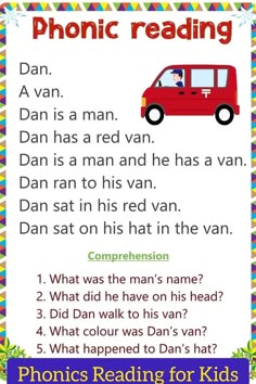 a poster with the words phonic reading and an image of a red car on it