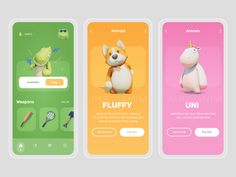 three mobile phone screens showing different app designs for children's toys, including an animal and