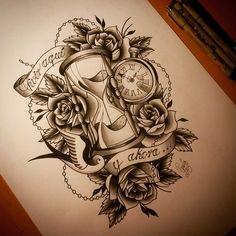 a tattoo design with roses and an hour