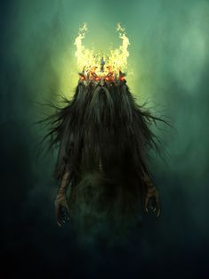 a digital painting of a demonic creature with flames on its head and hands in the air