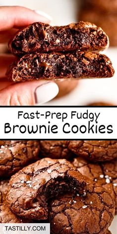 chocolate brownie cookies are stacked on top of each other with the words, fast - prep