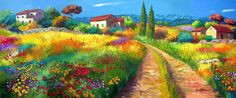 an oil painting of a country road in the middle of a field with colorful flowers