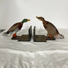 two ducks standing on top of wooden blocks